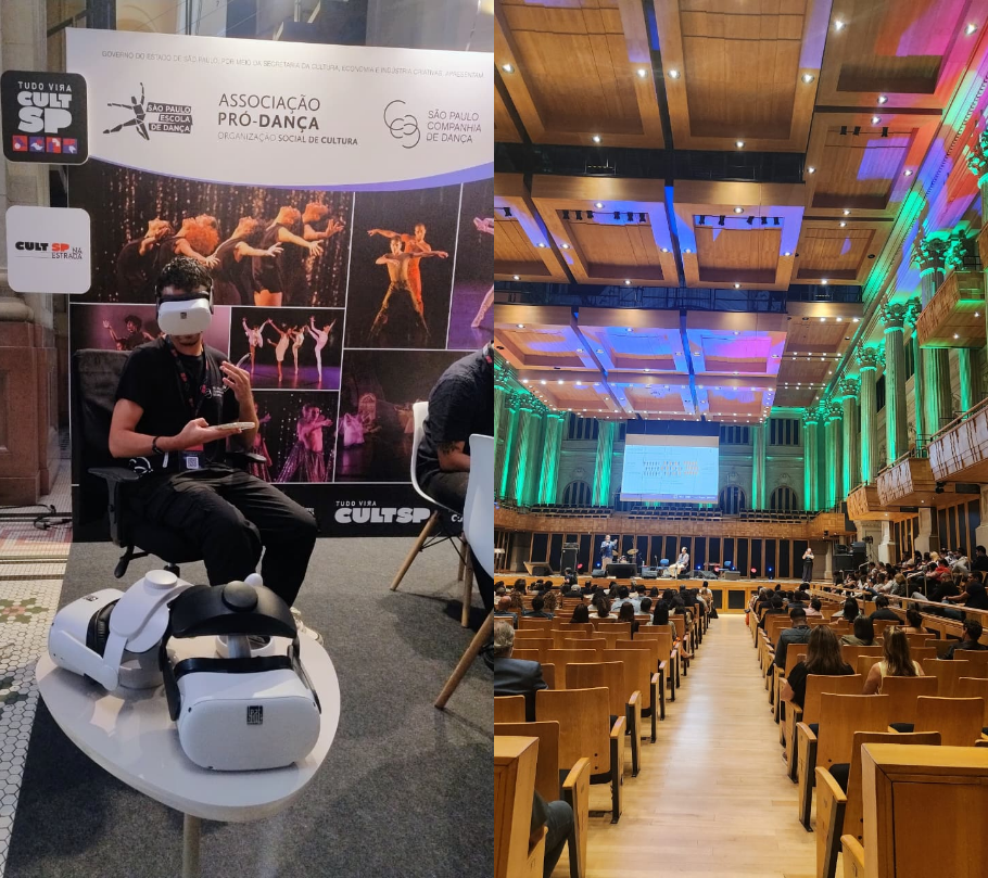 À esquerda: pessoa utilizando experiência VR. À direita: palestras acontecendo simultaneamente durante o evento