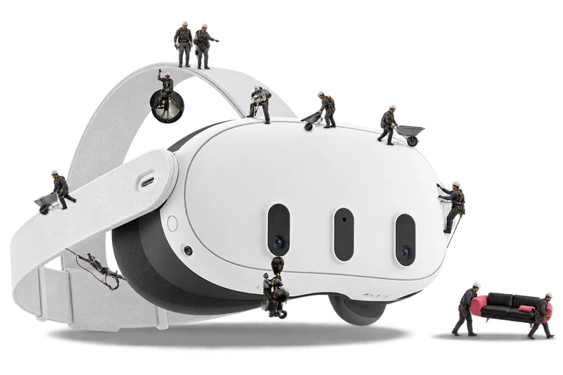 Colagem de Meta Quest 3 com técnicos em miniatura, representando apoio técnico para equipamentos VR