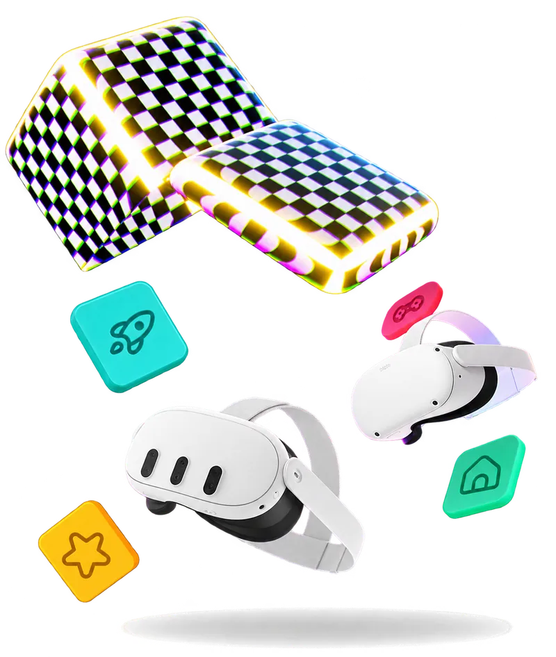 Colagem de Meta Quest 2 e Quest 3 com ícones de aplicativos customizados para eventos de realidade virtual