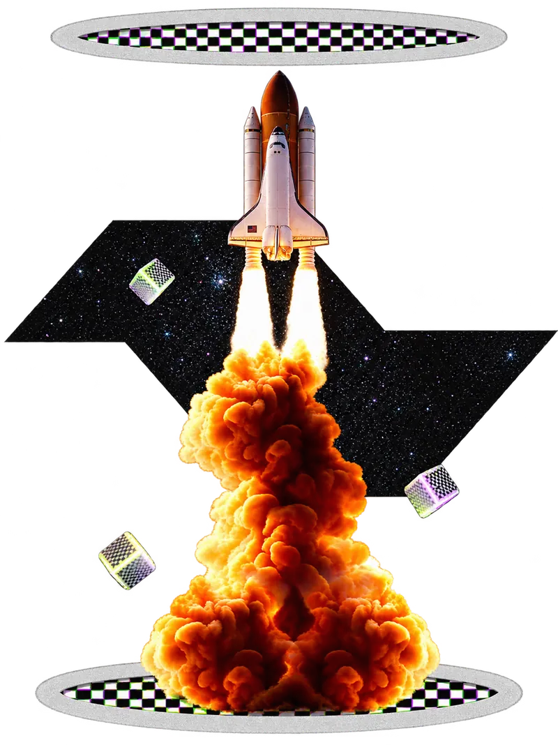 Ônibus espacial decolando entre portais quadriculados, representando a entrega de equipamentos para eventos