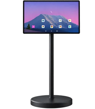 Totem interativo preto com tela touchscreen de 24 polegadas e pedestal
